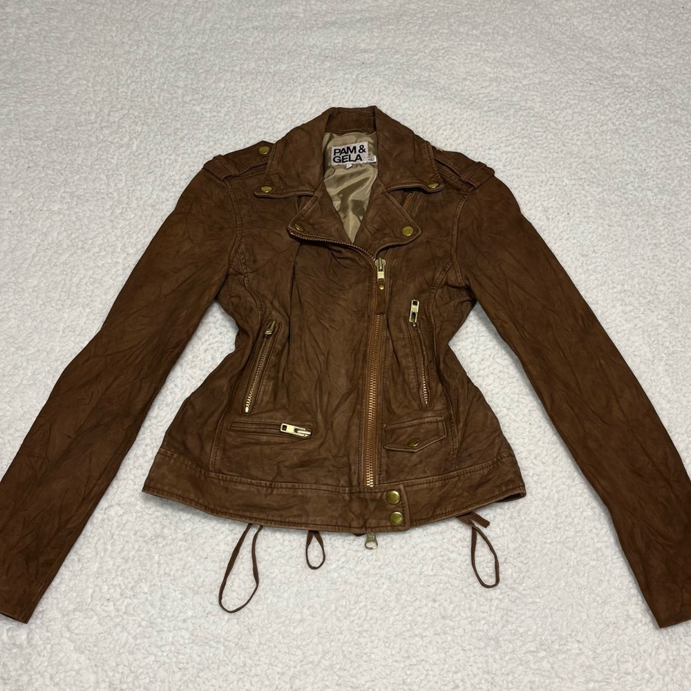 Pam & Gela Women Brown Genuine Leather Zipper Moto Jacket